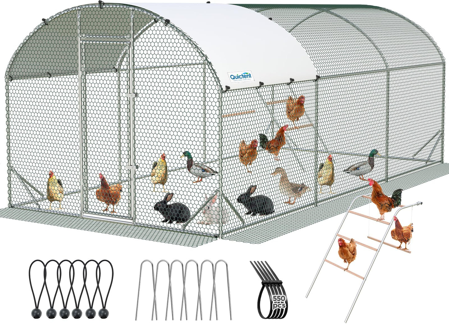 Quictent Essential Series 18x9x6.6ft Metal Chicken Coop Run with Climbing Ladder, Walk-in Outdoor Poultry Cage with PVC Coated Chicken Wire, Hen Duck Rabbit Farm House, Waterproof Anti-UV Cover