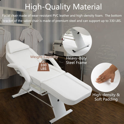 VroomAuto Hydraulic Facial Bed & Massage Chair with Stool, 3-Section Adjustable Esthetician Table for Spa, Tattoo, Beauty Salon, White
