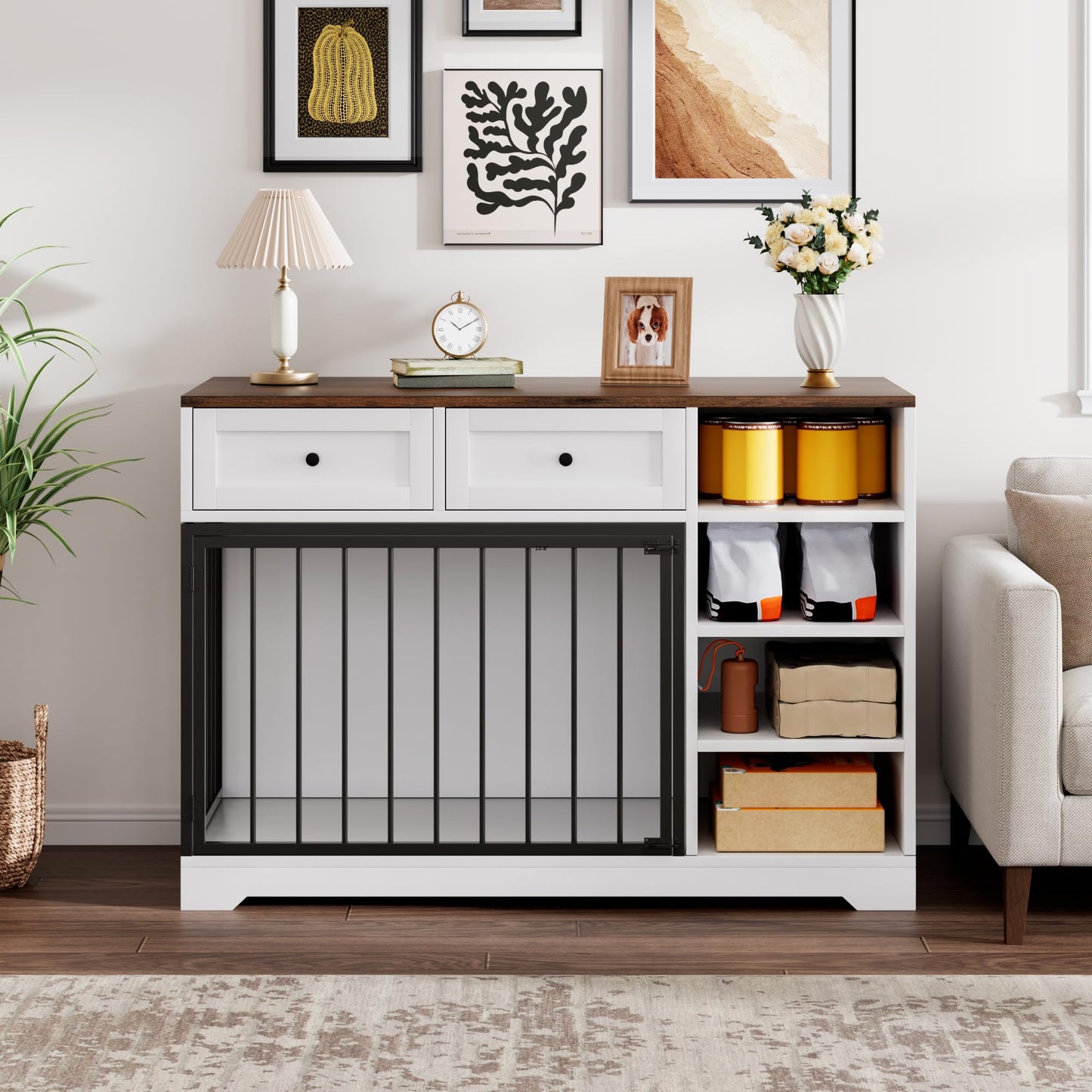GarveeHome Dog Crate Furniture 47", Large Dog Crate TV Stand with 2 Drawers and 4 Shelves, Wooden Dog Kennel Indoor, Decorative Dog Cage with Storage for Large Dogs, White