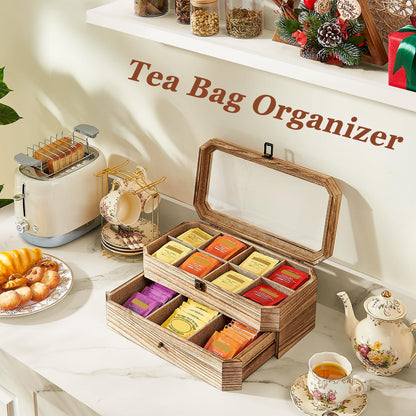 YIYYZI Tea Bag Organizer, Solid Wood 2 Layer Tea Box Organizer Storage, Christmas Gift Tea Bag Holder with Drawer Acrylic Window, Tea Organizer Caddy