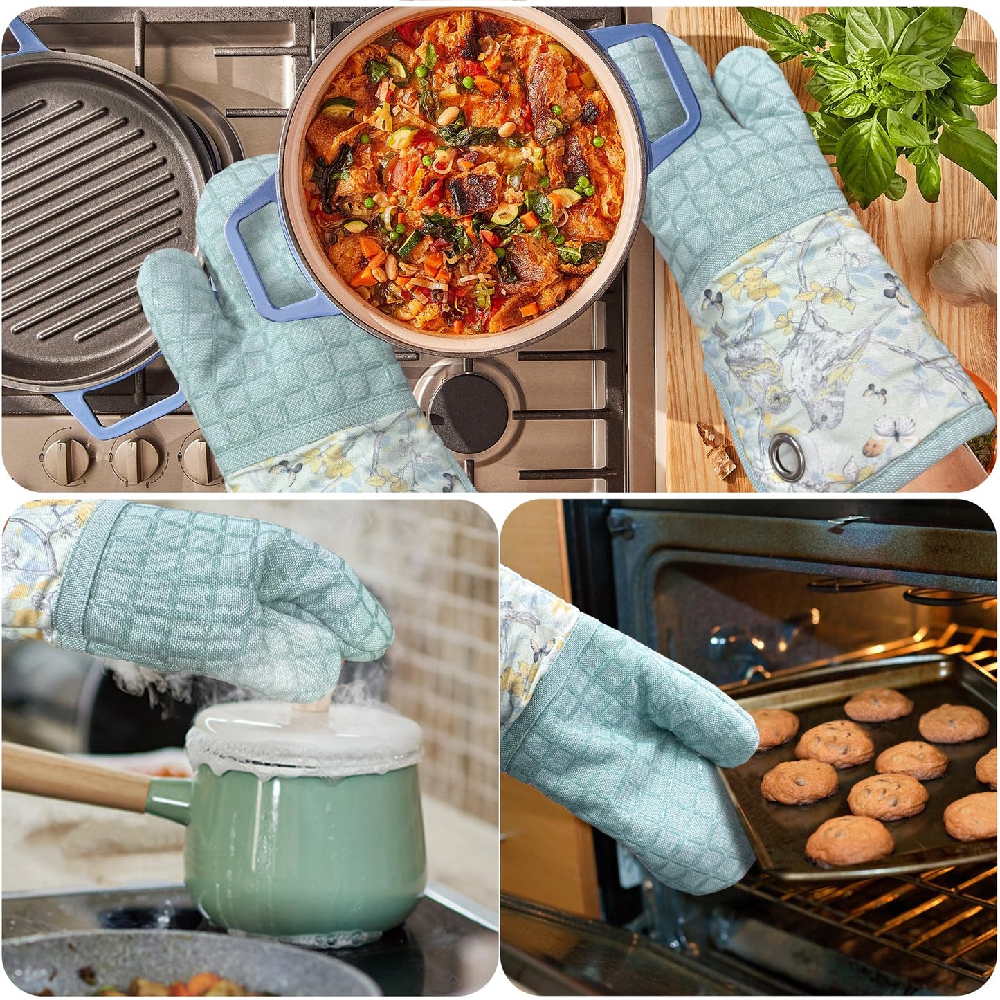 Silicone Printing Oven Mitts Heat Resistant to 500 Degree,Yarm-Dyed Oven Gloves with Animal Design Non-Slip for Kitchen Cooking Barbecue Baking and Machine Washable. (Light Blue Mitts)