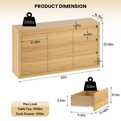 Garvee Modern 9 Drawer Dresser for Bedroom, Wide Chest of Drawers with Anti-Tipping Device, Wooden Storage Cabinet and TV Stand for Closet, Living Room or Hallway,Natural Wood