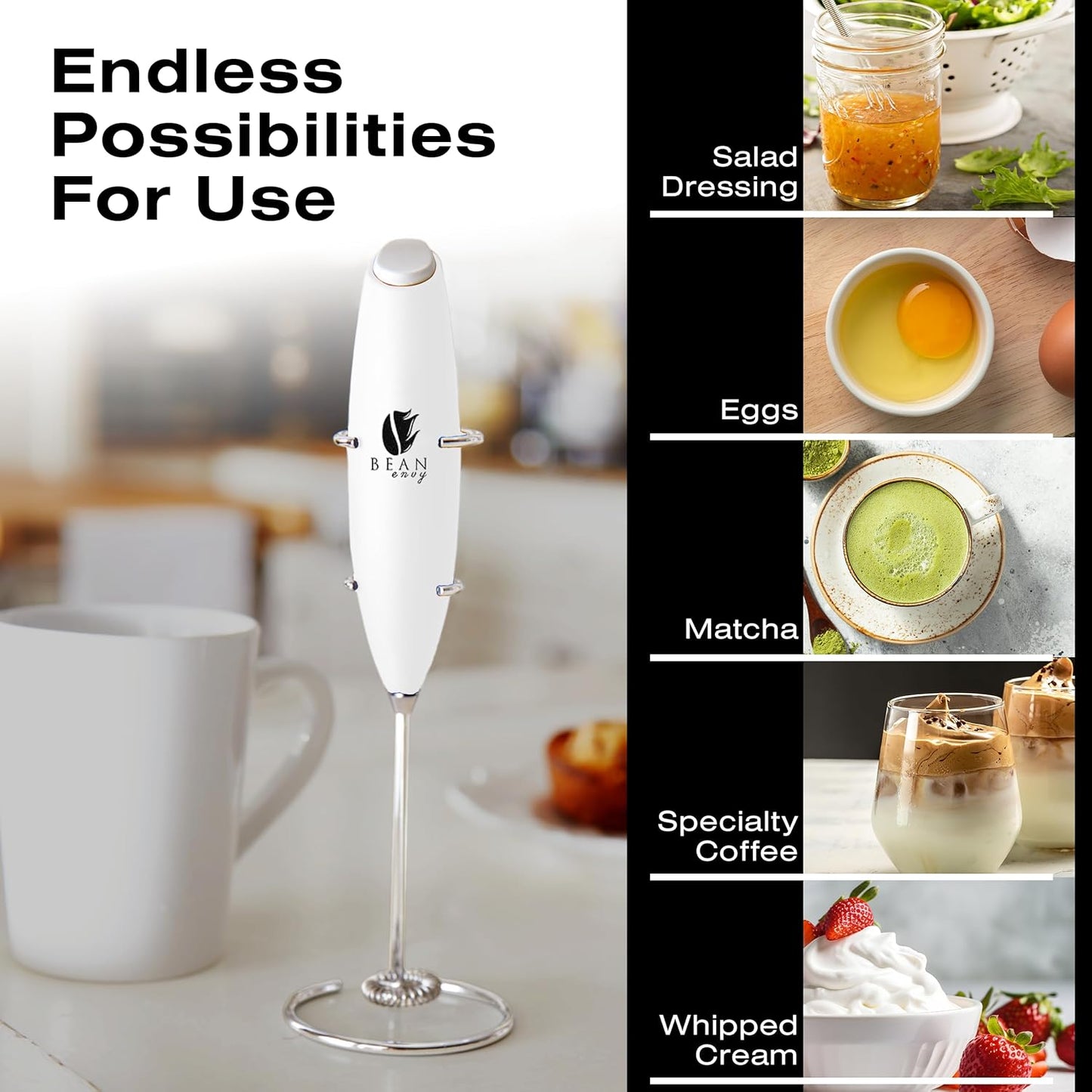 Bean Envy Handheld Milk Frother for Coffee - Electric Mini Drink Mixer Whisk & Coffee Foamer Wand with Stand for
