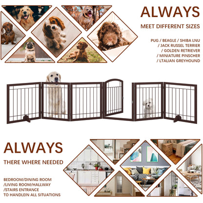 JSB 144-inch Extra Wide 30-inch Tall Dog gate with Door Walk Through, Freestanding Pet Gate for Halls, Stairs & Home, Pet Puppy Safety Dog Fence with 2PCS Support Feet (Espresso)