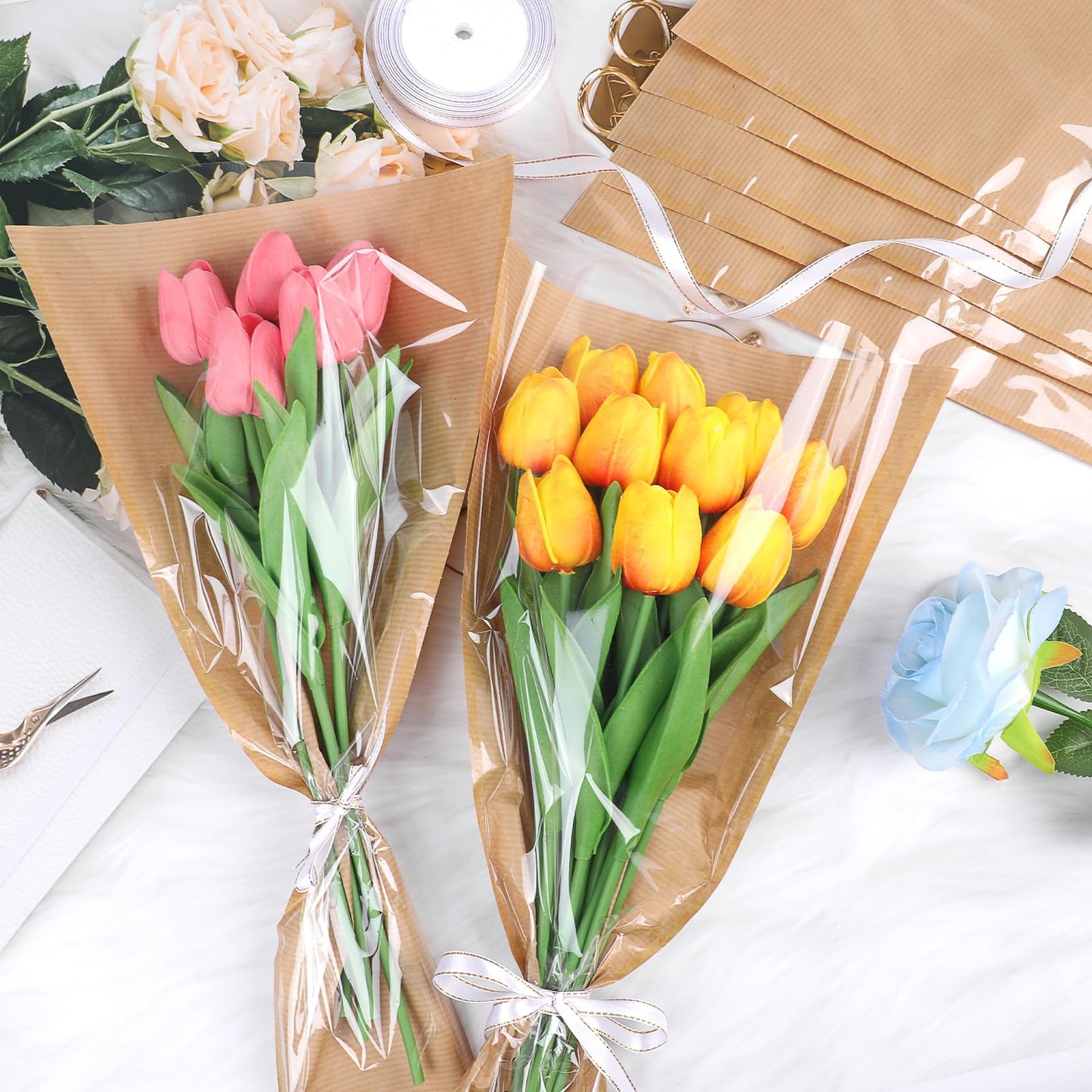 DIYASY 50 Pcs Flower Wrapping Bags for Bouquets, Kraft Paper Floral Packing Sleeves with Ribbons Florist Wrap Supplies for Wedding Mother's Day Graduation Gift 9.8x3.9x17.9 Inch
