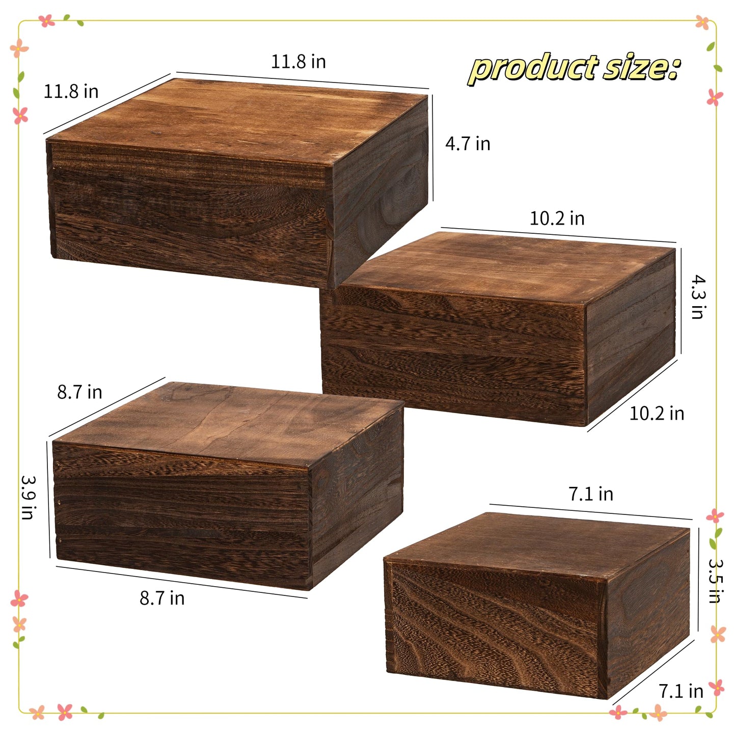 WEASATRY 4 pieces wooden cake stands,antique brown cupcake stands for display,12 inches square wooden crates ,wood display risers for wedding,birthday party,Christmas,etc. (Antique Brown)