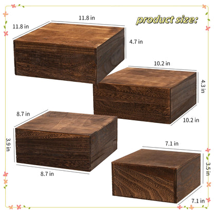 WEASATRY 4 pieces wooden cake stands,antique brown cupcake stands for display,12 inches square wooden crates ,wood display risers for wedding,birthday party,Christmas,etc. (Antique Brown)