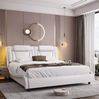 Keyluv King Size LED Bed Frame with Adjustable Headboard & Removable Pillow, PU Leather Upholstered Platform Bed, Wave-Like Curve Safety Design, Solid Wooden Slats Support, Easy Assembly, White
