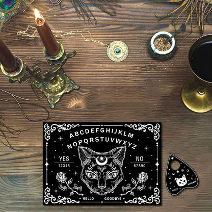 CREATCABIN Black Cat Wood Spirit Board, Talking Boards with Planchette, Wooden Dowsing Divination Kit for Wicca