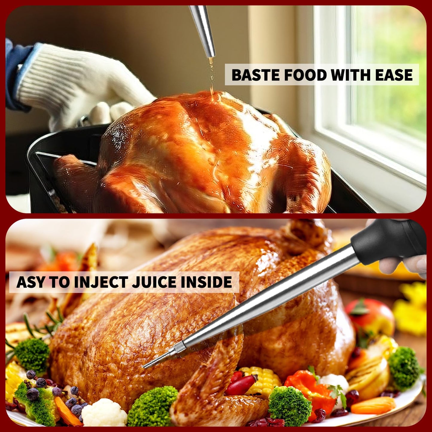 QPMR Turkey Baster With Cleaning Brush, Stainless Steel Baster Tool for Cooking-Baster Syringe for Roaster Turkey, Include 2 Meat Marinade Injector Needles for Thanksgiving