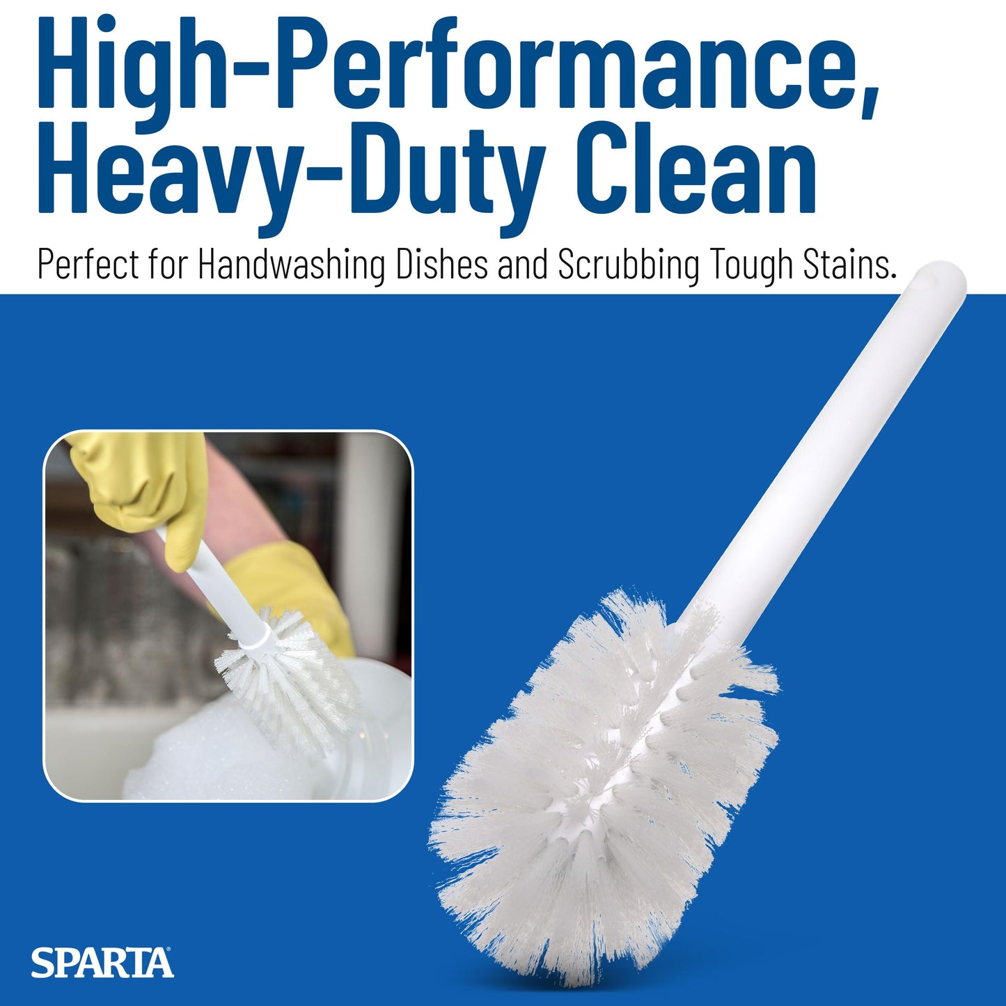 SPARTA 11" Nylon Dish Brush with 2.75" Round Head, Wide-Mouth Bottle and Bowl Cleaning Brush, Commercial Kitchen Use, White