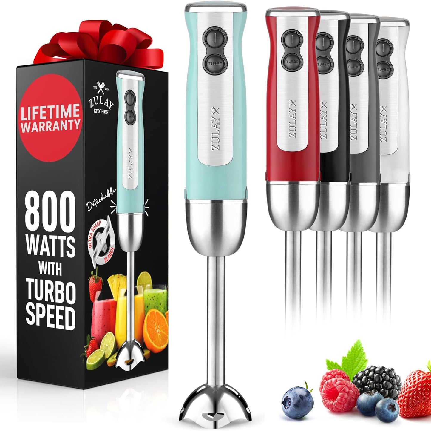 Zulay Immersion Blender Handheld, 800 Watt with High Power Turbo Mode, Stick Blender for Smoothies & Soup