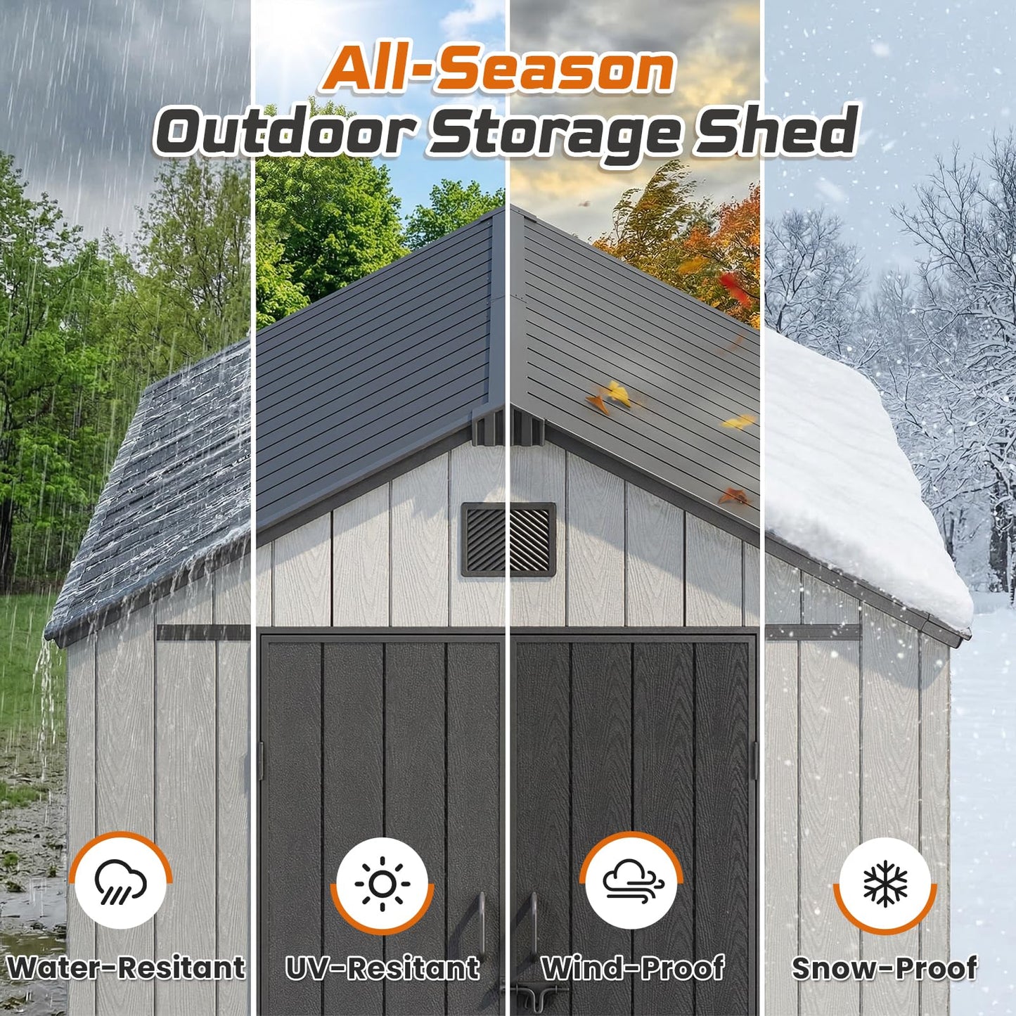 Jocoevol Outdoor Storage Shed, 8x12FT Resin Shed with Floor/Windows/Lockable Door/Vents, 15mm Thickened Heavy Duty All-Weather Garden Tool Shed for Backyard, Patio, Lawn, Gray