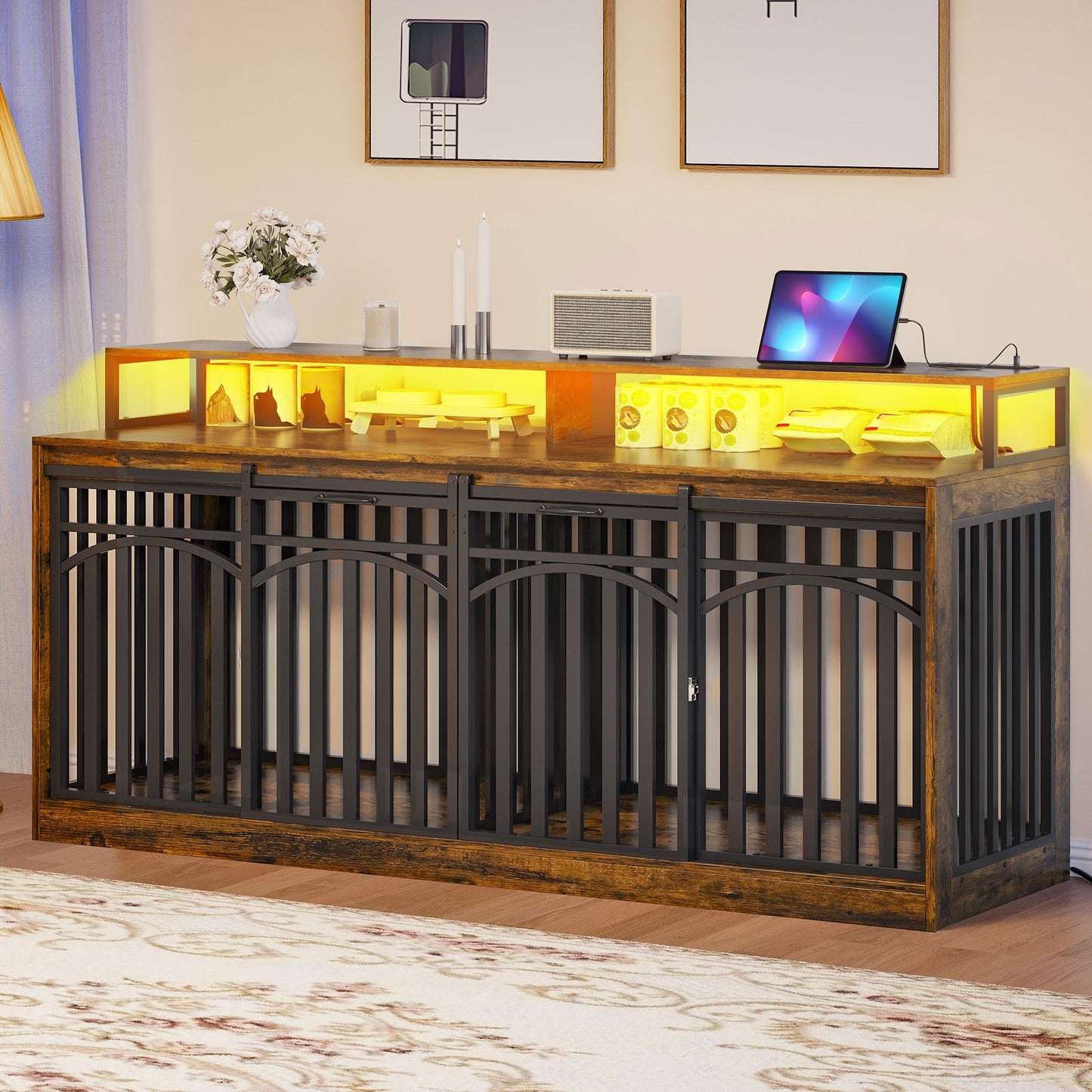 DWVO 71" Double Dog Crate Furniture with LED Light & Power Outlets, Heavy Duty Dual Dog Kennel TV Stand w Storage Shelves Sliding Doors, Wooden Two Dog Cage Table 2 Medium Large Dogs, Rustic Brown