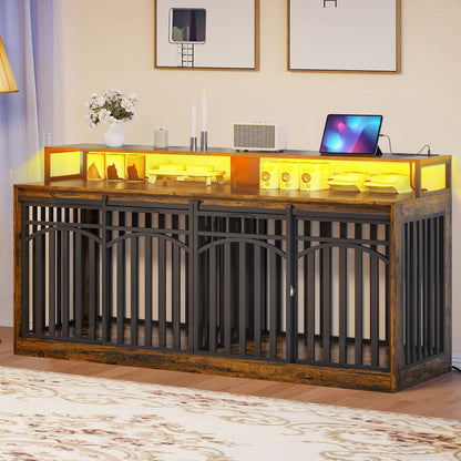 DWVO 71" Double Dog Crate Furniture with LED Light & Power Outlets, Heavy Duty Dual Dog Kennel TV Stand w Storage Shelves Sliding Doors, Wooden Two Dog Cage Table 2 Medium Large Dogs, Rustic Brown