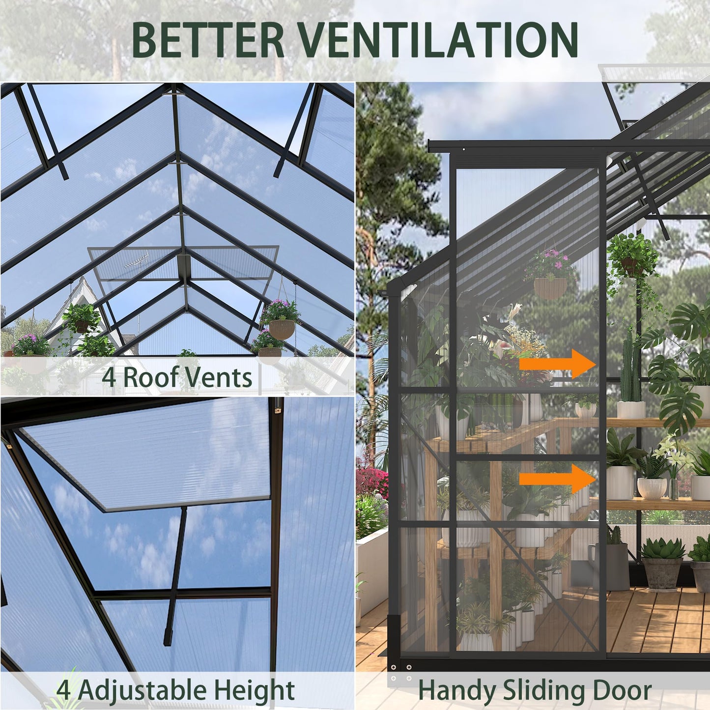 Greenhouses for Outdoors, 8x14.2 FT Polycarbonate Greenhouses with Adjustable Roof Vent, Aluminum Frame Green Houses for Garden with Sliding Doors, Windproof (8x14.2FT)