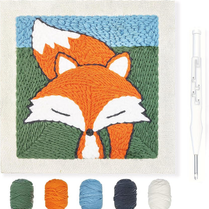 HAND U JOURNEY Animal Punch Needle Kit for Adults – 9.4"x9.4" Rug Yarn Hooking DIY Craft Kit with Adjustable Punch Pen – Fox Pattern Beginner Embroidery Set, Fun Handmade Gift