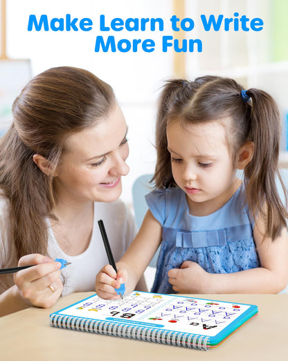 D-FantiX 4 in 1 Large Magic Grooved Writing Practice for Kids Age 3-5, Reusable Grooved Handwriting Practice for Kids 5-7, Learn to Write Number Letter Tracing Books for Kids Kindergarten Preschool