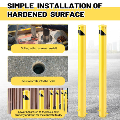 Blulu 1 Pcs 55" Pour in Place Safety Bollard Post, 4-1/2" OD Heavy Duty Steel Concrete Bollard with Removable Cap, Yellow Powder Coated Parking & Traffic Barrier