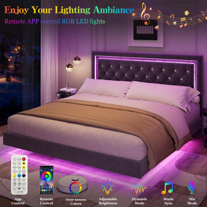 Floating Queen Platform Bed Frame with Smart LED Lights – Modern Diamond Upholstered Headboard, Noise-Free Wood Slats, Under-Bed Storage, Easy Assembly, Contemporary Bedroom Furniture, King Gray