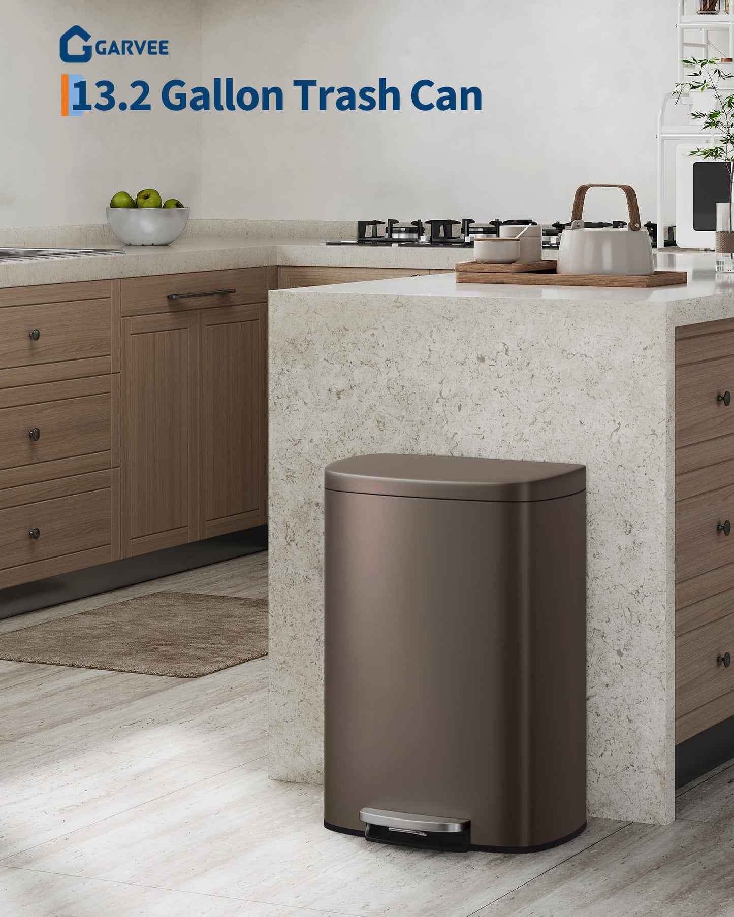 Garvee 13 gal / 50 L Metal Kitchen Trash Can with Lid, Large Rustproof Garbage Can for Kitchen, Step-on Trash Bin with Inner Bucket, Rear Handle, Soft Close Lid, Brown