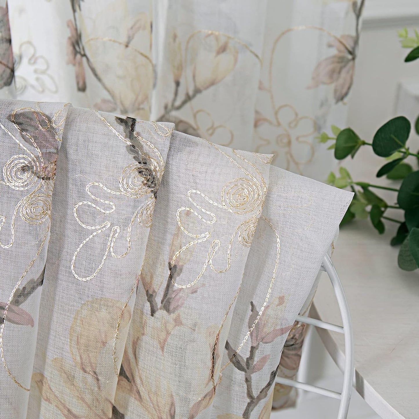 Tollpiz Floral Short White Sheer Tier Curtains, Set of 2 Panels, 30 x 24 inches, Flower Print Vine Embroidery for