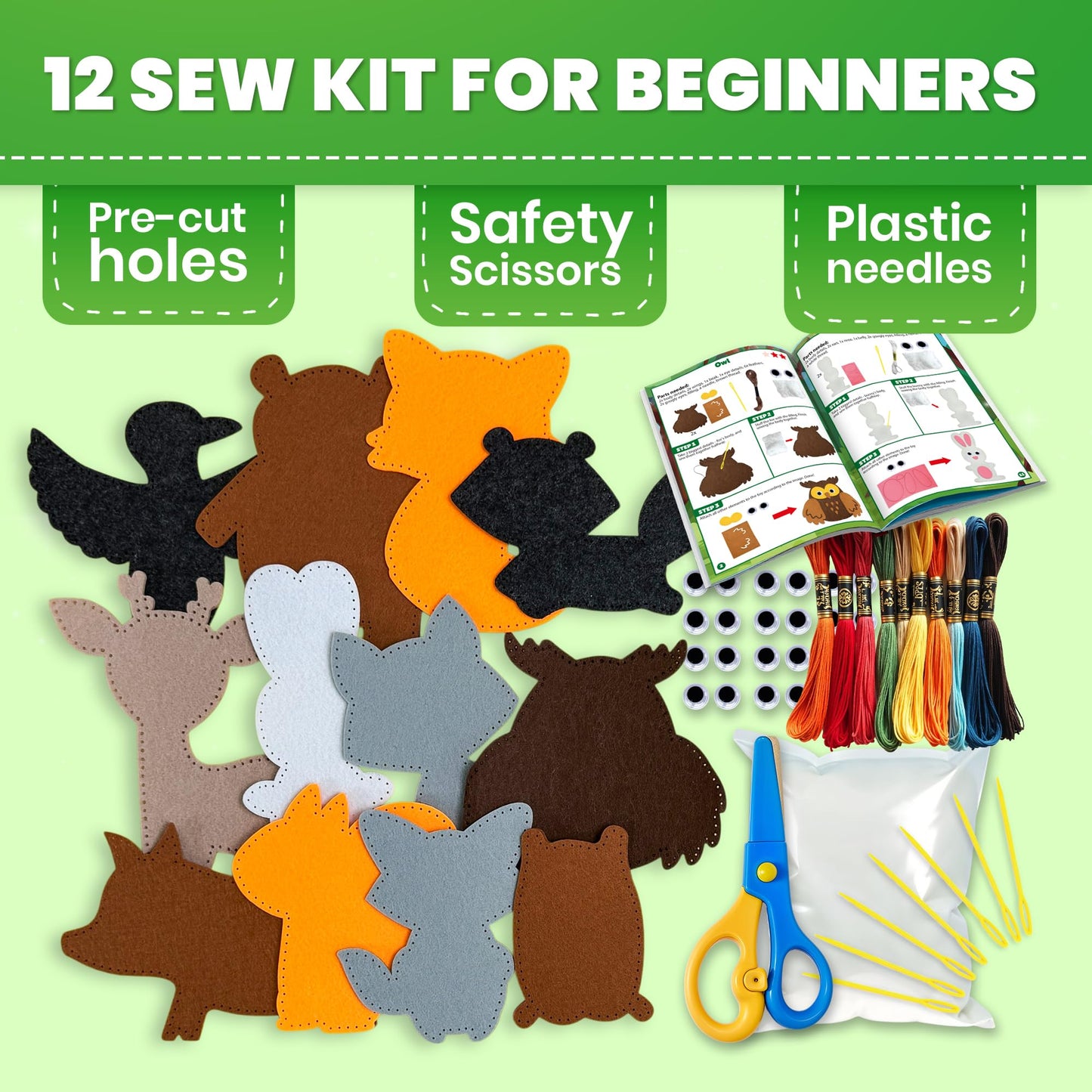 QUOKKA Kids Crafts Ages 4-8, DIY Beginner Needle and Thread Kit - 12 Wild Animals Sewing Kit Basic - Fun Arts Crafts for Kids Ages 6-8 Girls Boys - Plastic Needles, Scissors - 6+ Year Old Girl Gifts
