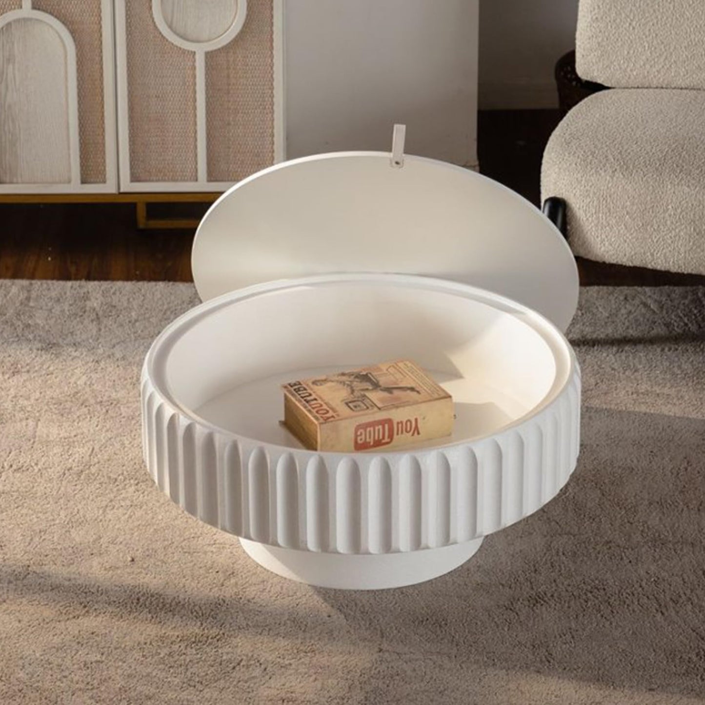 GDFStudio 30.51" Round Fluted Coffee Table with Lift-Off Lid, Modern Wood MDF Small Round Coffee Tea Side Table with Storage, Pedestal Circle Center Table for Living Room Bedroom Office, Cream White