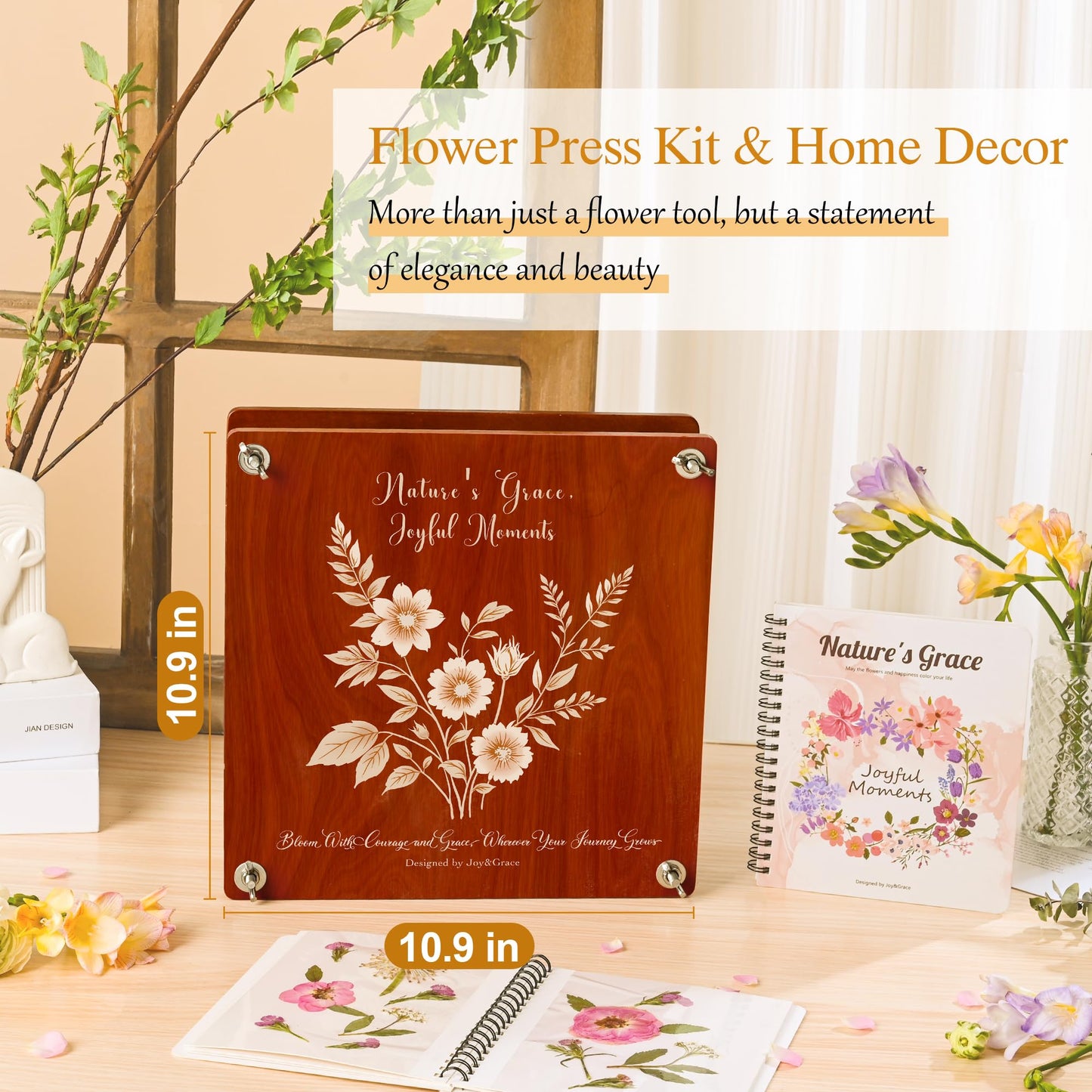 Joy&Grace Large Flower Press Kit for Adults with Designed Cover and DIY Album, 10.9" x 10.9" 10 Layers Plant Press and Plant Drying Toolkit, Flower Preservation Kit (Color Box, Mahogany Color)