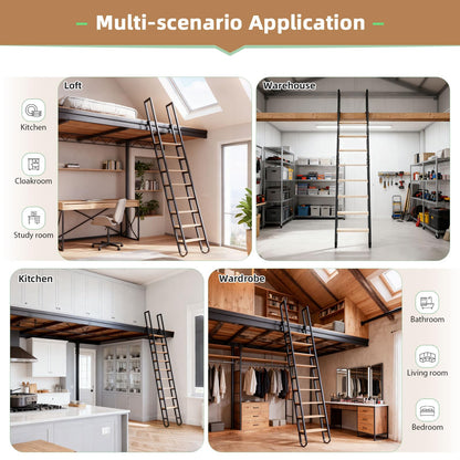 9.35FT Industrial Style Loft Ladder, 7 Steps with Black Steel Handrails & Solid Wood Steps, 450lbs Capacity, Fits 7.2-8FT Installation Height, for Attic, Kitchen, Warehouse, Bookshelf& Outdoor