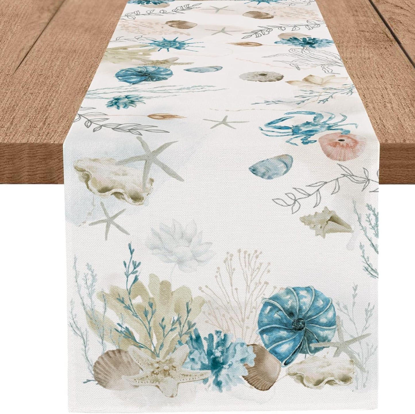 13x108 Inch PROCIDA Blue Beach Table Runner Tropical Ocean Coastal Table Runners Seashell Burlap Seasonal Nautical