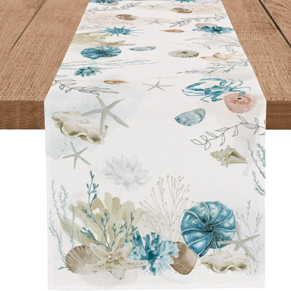 13x108 Inch PROCIDA Blue Beach Table Runner Tropical Ocean Coastal Table Runners Seashell Burlap Seasonal Nautical