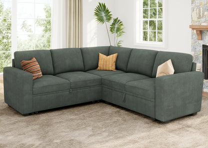 HONBAY Modular Sectional Sleeper Sofa with Pull Out Bed, Corduroy L Shaped Couch with Storage, Sectional Couches for Living Room, Green