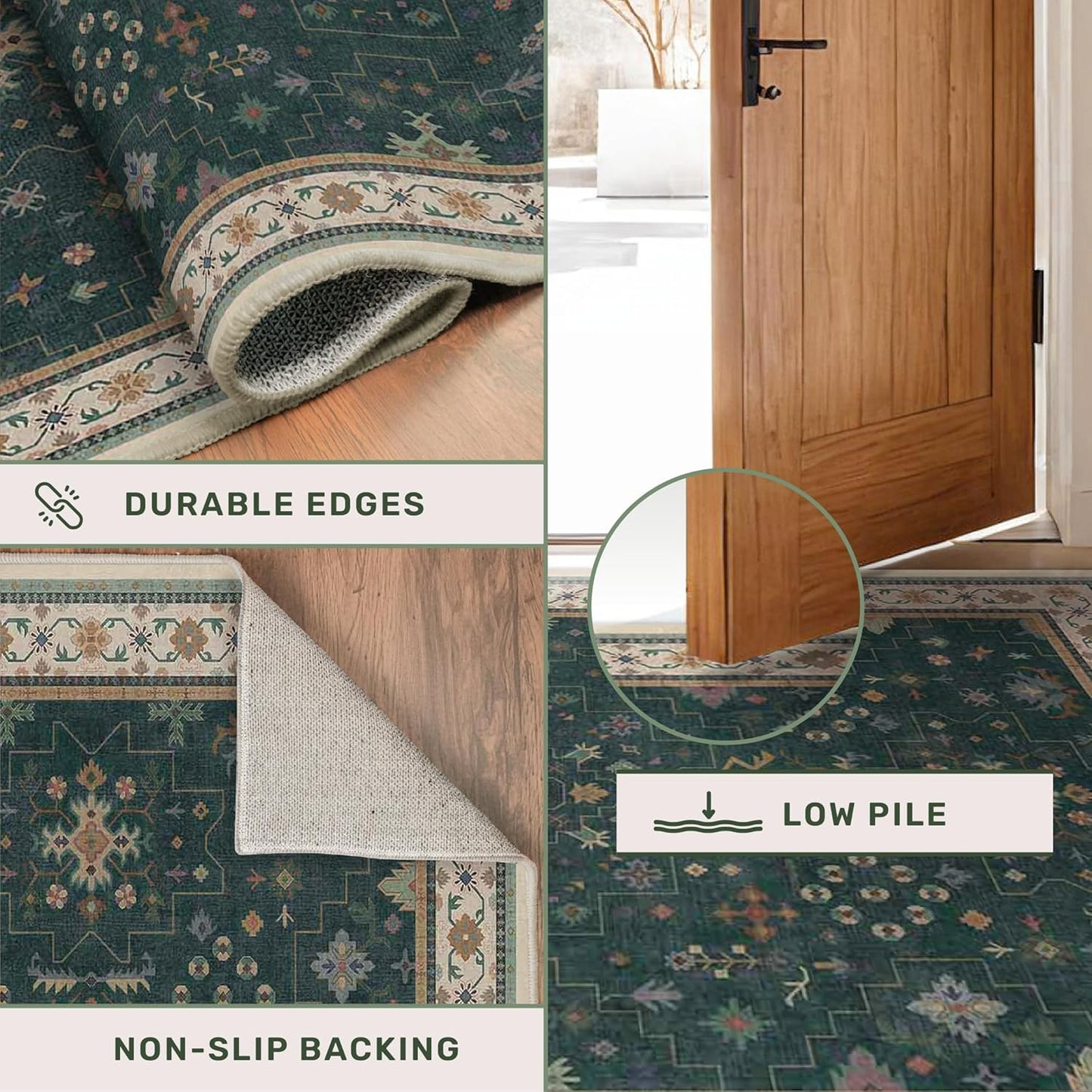 Regine Switzerland Dark Green Washable Runner Rug - 2'6"x10' Non-Skid Indoor Carpet for Hallway & Entryway
