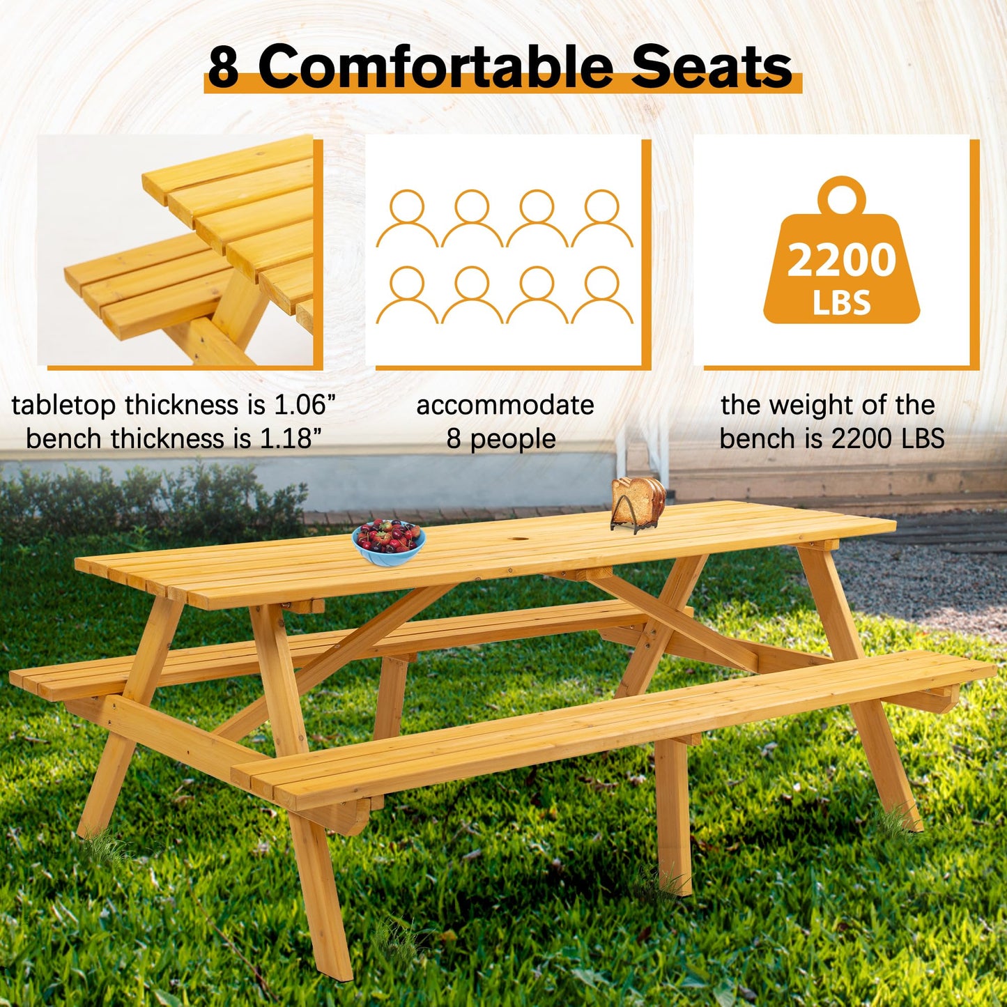 RocVanc Premium Picnic Tables Outdoor Wooden Picnic Table Set with Benches & Umbrella Hole - Stylish and Spacious Seating for 6-8 People - Perfect for Backyard, Porch, and Garden Gatherings