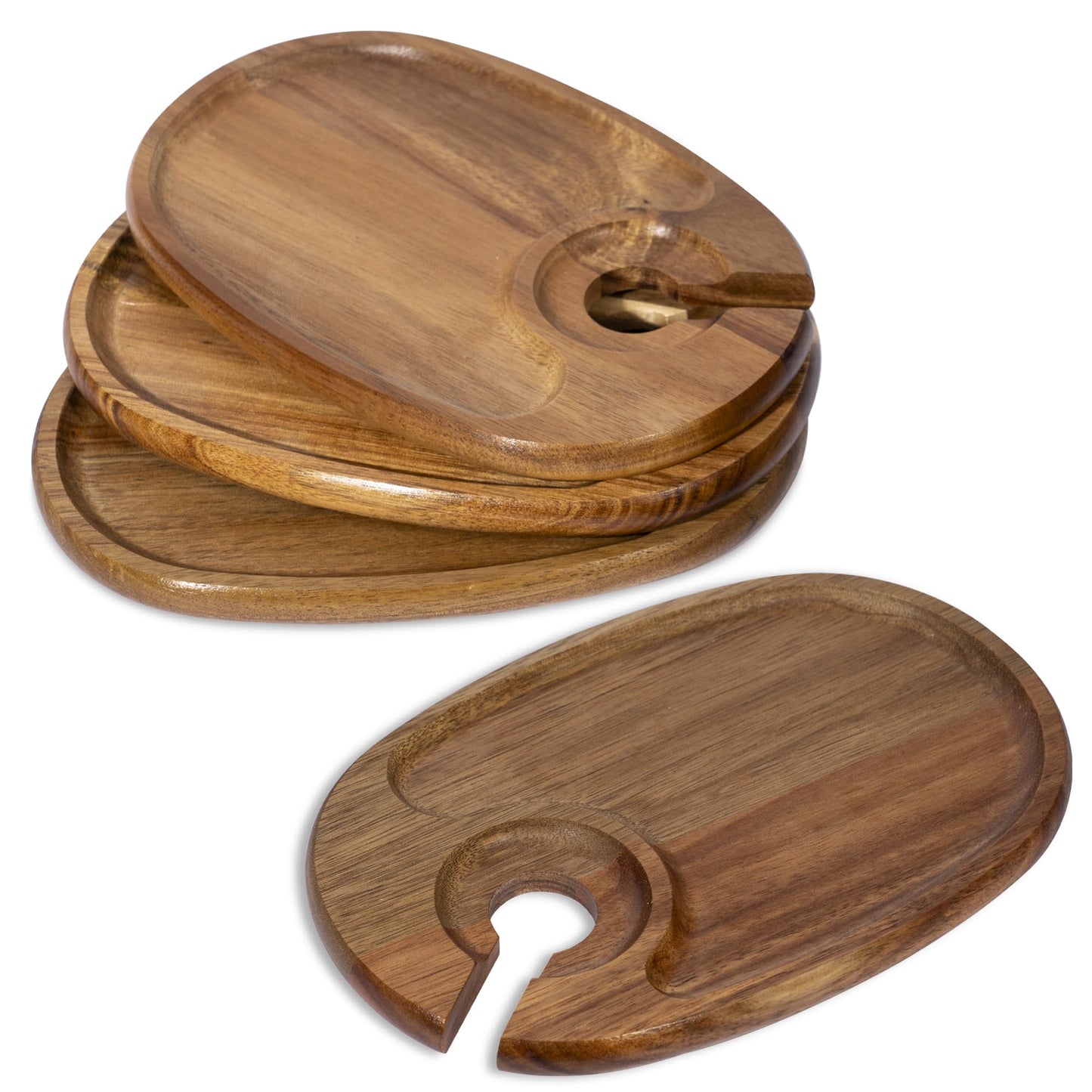 YEWBEE Wine Glass Holder Plates – Acacia Wooden Appetizer & Snack Plates for Party, Wine & Cheese Mini Charcuterie Boards, Set of 4 – Great Gift for Wine Lovers