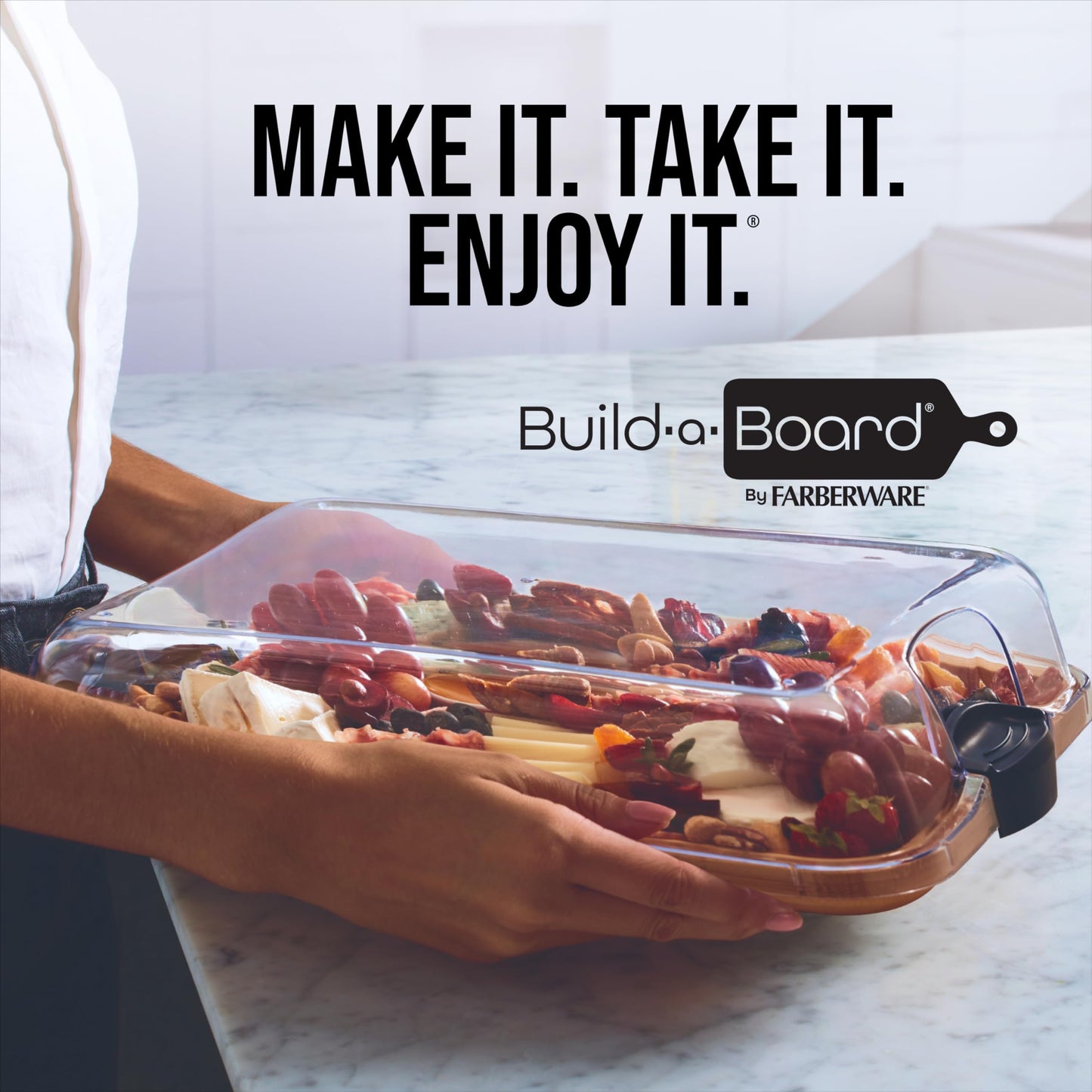 Farberware Build-A-Board Bamboo Cutting Board with Built-In Compartments & Clear Locking Lid, Black Handles – Charcuterie, Snack Tray, Food Prep and Serving Platter