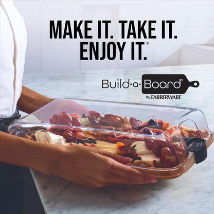 Farberware Build-A-Board Bamboo Cutting Board with Built-In Compartments & Clear Locking Lid, Black Handles – Charcuterie, Snack Tray, Food Prep and Serving Platter