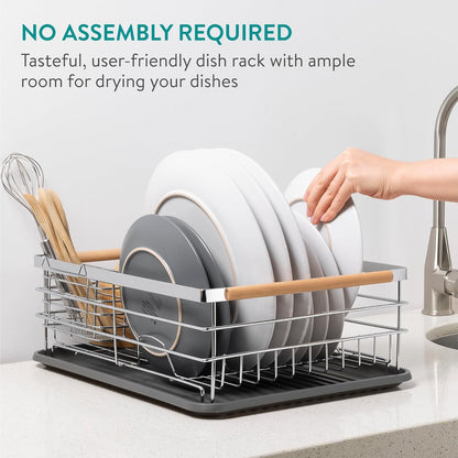 Navaris Compact Dish Rack with Drip Tray & Cutlery Holder, Easy to Assemble and Clean, Silver