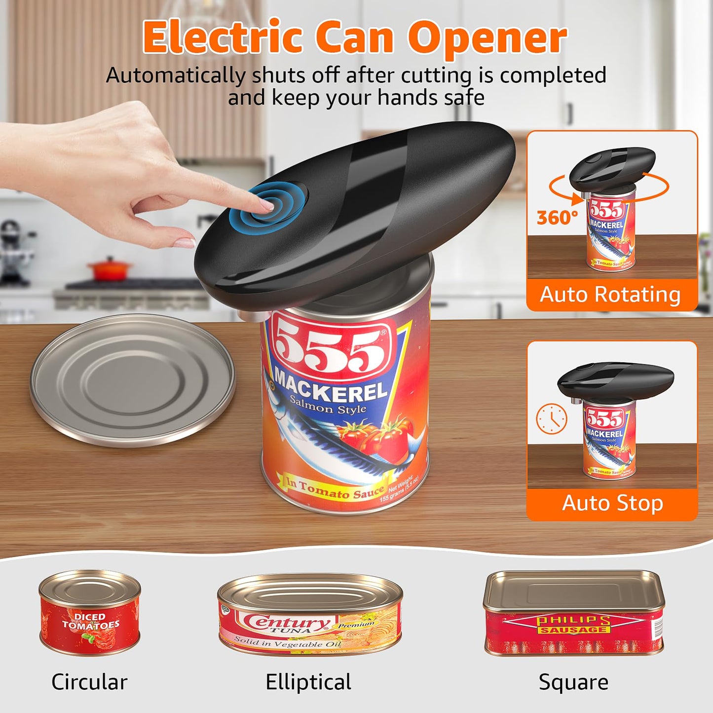 electriccan opener, automatic can opener, one-button operation, with smooth edge design suitable for the elderly, portable kitchen tool, suitable for most can sizes.