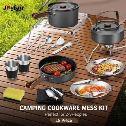 18Pcs Camping Cookware Mess Kit, Joyfair 7.8” Nonstick Camp Cooking Utensil Set (Pot, Pan, Kettle, Grill Grate), Outdoor Backpacking Gear Open Fire Essentials Accessories, Compact/Portable/Lightweight