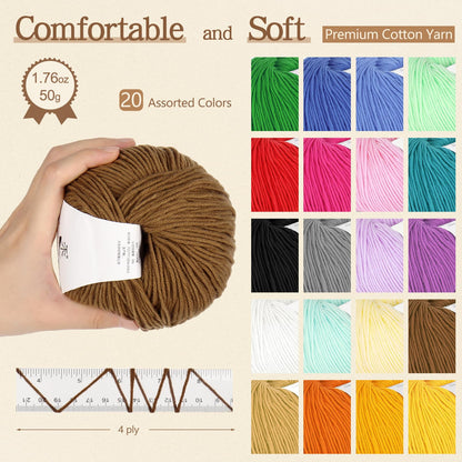 Katech 20 Skeins Cotton Yarn for Crocheting-55% Cotton 45% Acrylic-#3 DK (Light)-Super Soft Milk Cotton Yarn-Great Crochet and Knitting Starter Kit for Colorful Craft（Color A）
