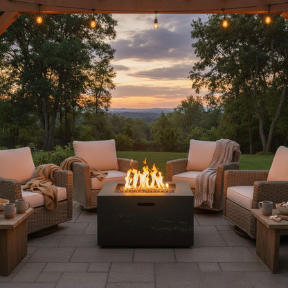 Merax MGO Outdoor Square Fire Pit with Steel Burner,Lightweight 24.02-inch Propane Fire Pit Table with Adjustable Flame, 40,000 BTU, Lava Rocks, and Rain Cover for Patio,Backyard, Poolside, Black