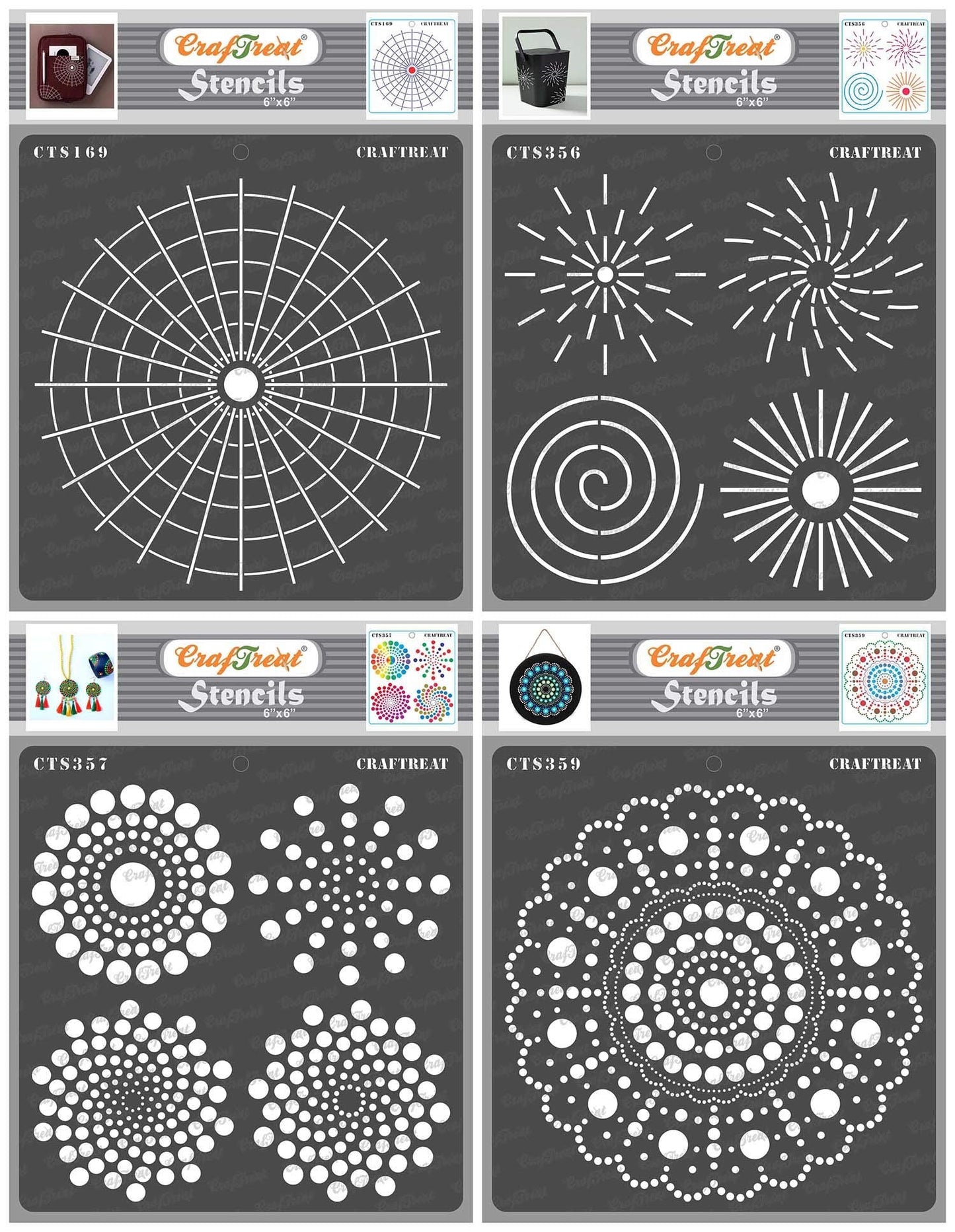 CrafTreat Reusable Dot Mandala Stencils for Painting on Wood, Canvas, Paper, Floor, Wall and Tile - Dot Mandala Basics, Outlines, Round and Radar - 4 Pcs - 6x6 Inches Each - DIY Craft Stencils