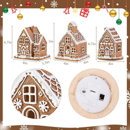 Skiennix Light-Up Gingerbread House Christmas Decorations - 3Pcs Collectible Figurines with LED Lights | Classic Swedish Xmas Table Décor