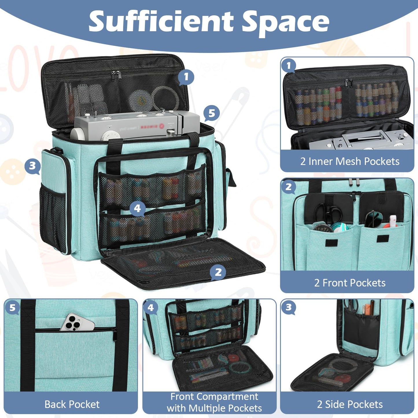 SLINRKE Sewing Machine Case with Wheels - Rolling Sewing Machine Tote with Removable Bottom Pad & Multiple Storage Pockets, Compatible with Singer & Brother (Teal)