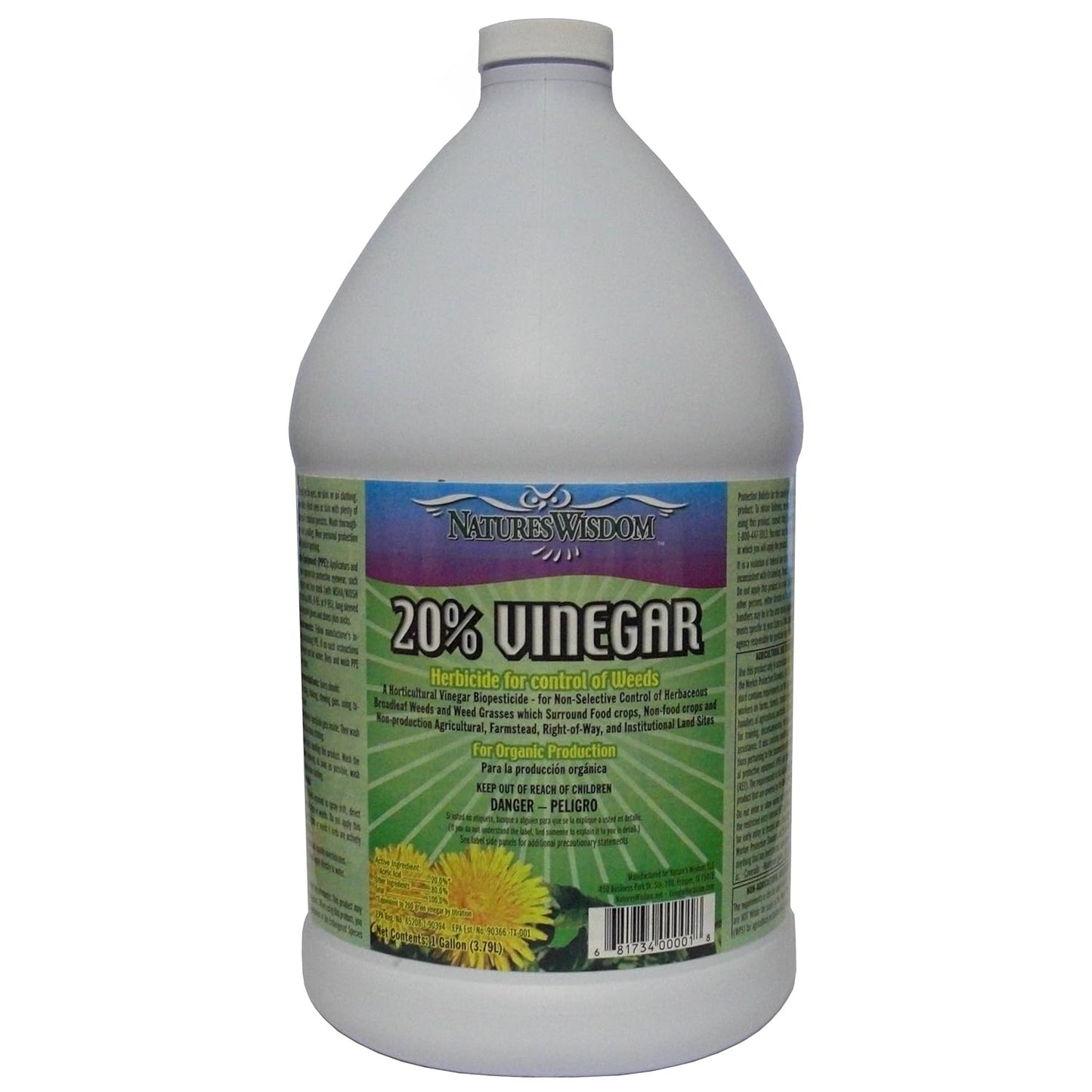 Natures Wisdom 20% 1 Vinegar Weed & Grass Killer | Natural and Organic | Gallon | Glyphosate Free Herbicide