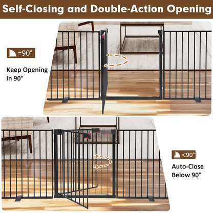 Furggis 156" Extra Wide Dog Gate, Heavy Duty Metal Freestanding Dog Gate with Door for Indoor & Outdoor, Foldable Pet Fence for Doorways,House,Porch,Deck,Yard,Stairs, Auto Close(6 Panels,Black)