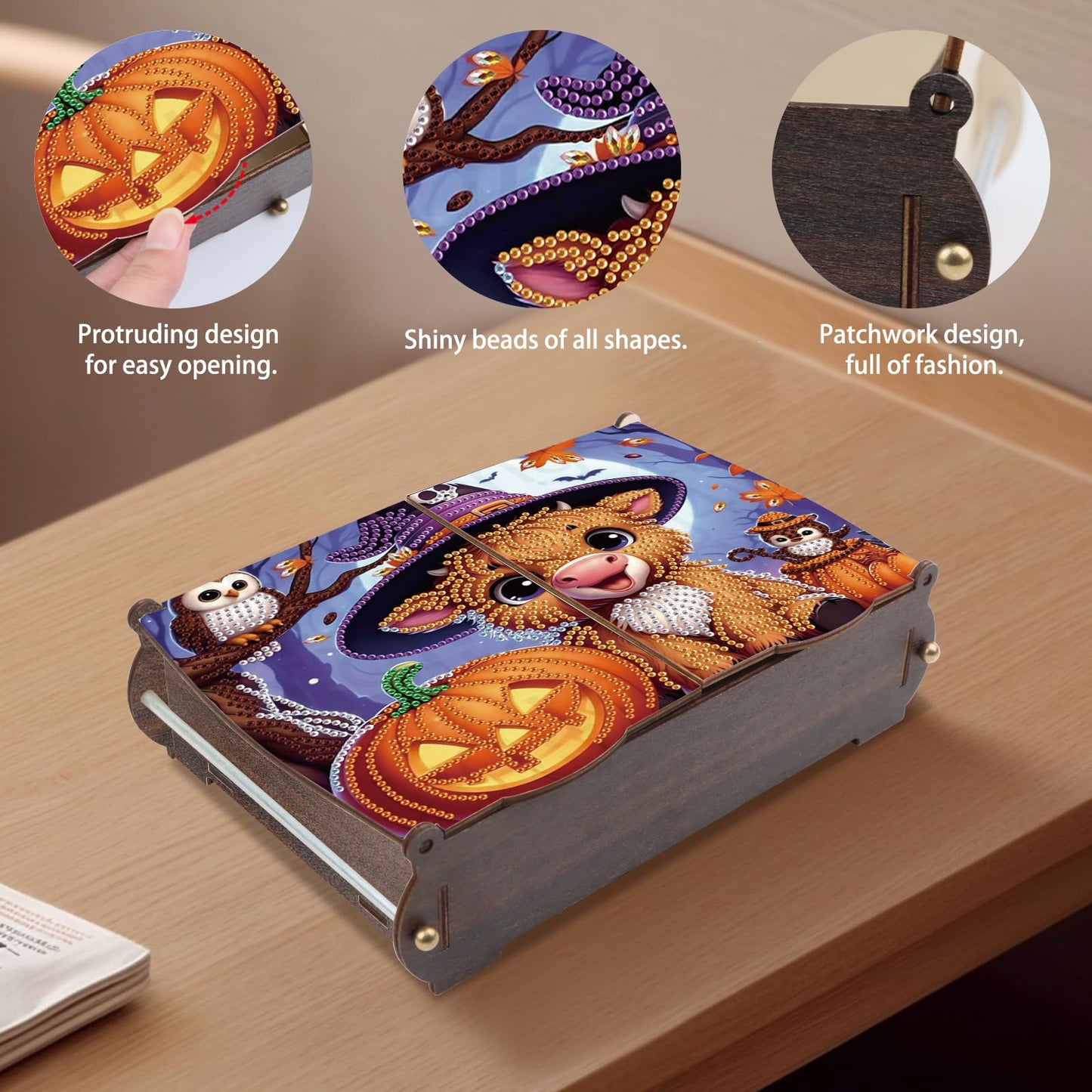 antor DIY Diamond Painting Wooden Storage Box, Halloween Cow and Pumpkin Special Shaped Rhinestone Art Flip Cover Organizer, Handmade Desktop Diamond Art Storage Box Decor