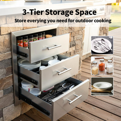 Cxforste Outdoor Kitchen Drawers with Triple-Access & Handles ，18" W x 23" H x 23" D Stainless Steel Flush Mount Modular Cabinet for BBQ Islands & Patios